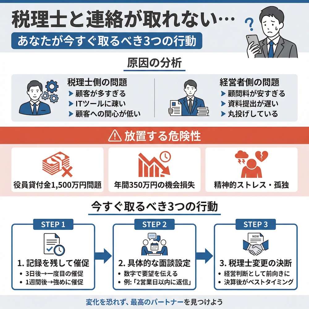 税理士と連絡が取れない・・・あなたが今すぐ取るべき3つの行動の図解
