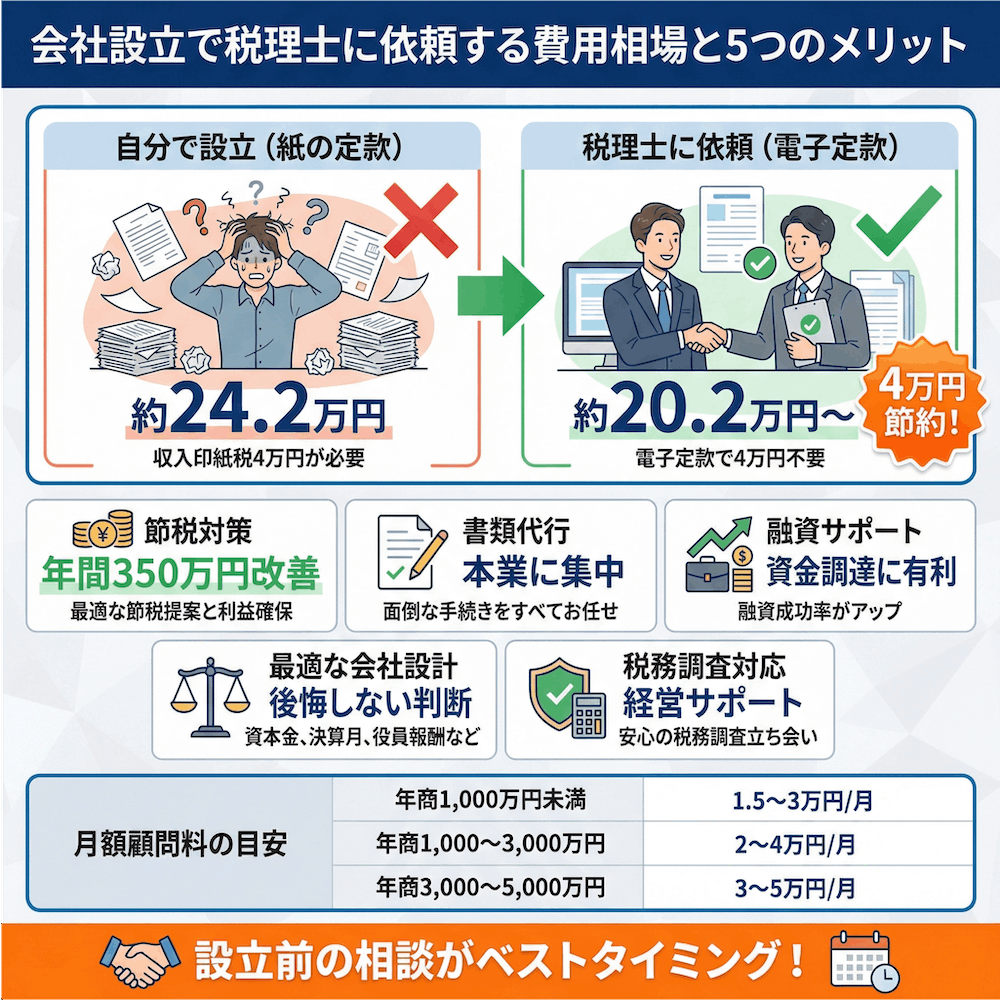 会社設立で税理士に依頼する費用相場と5つのメリット図解