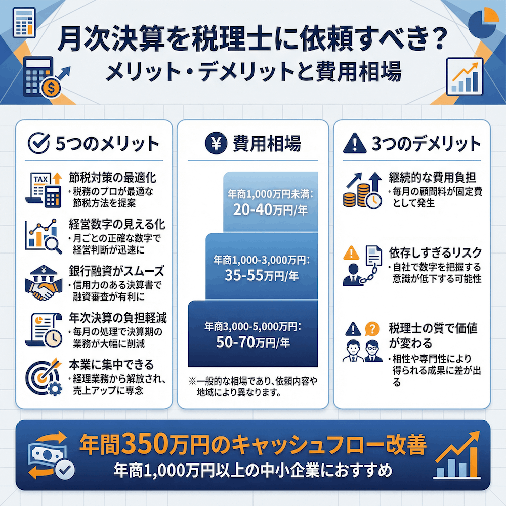 月次決算を税理士に依頼すべき？メリットとデメリットと費用相場の図解