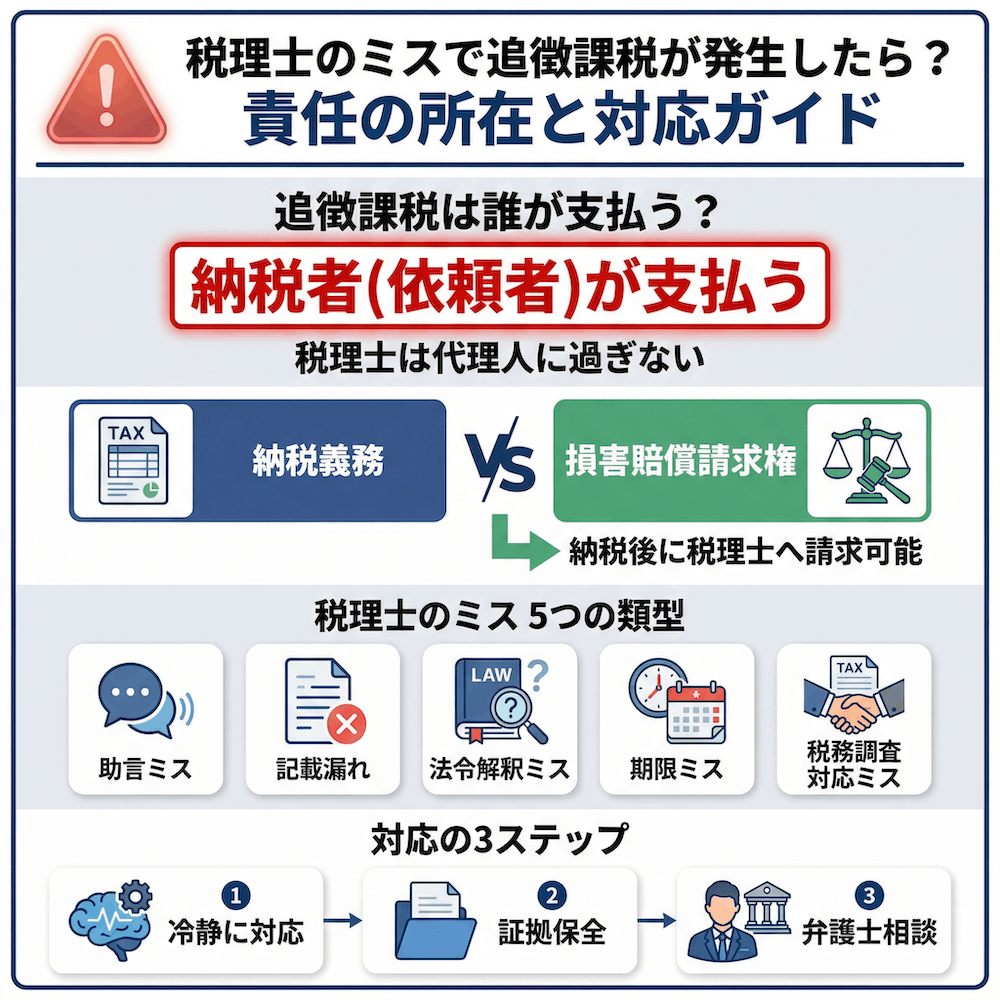 税理士のミスで追徴課税が発生したら？責任の所在と対応ガイド図解